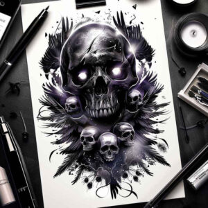 energy-motif-skull-tattoo – tattoo design ideas free ai generated – sinister – for-inner-arm – Gallery: skulls-inkby-ai