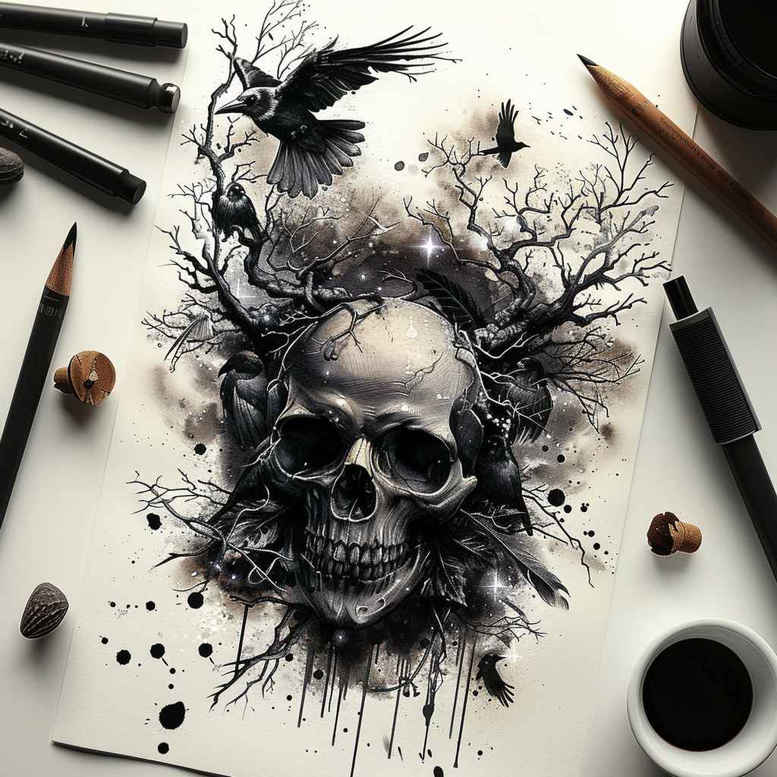 expression-skull-tattoo – tattoo design ideas free ai generated – ghostly – for-back-shoulder – Gallery: skulls-inkby-ai