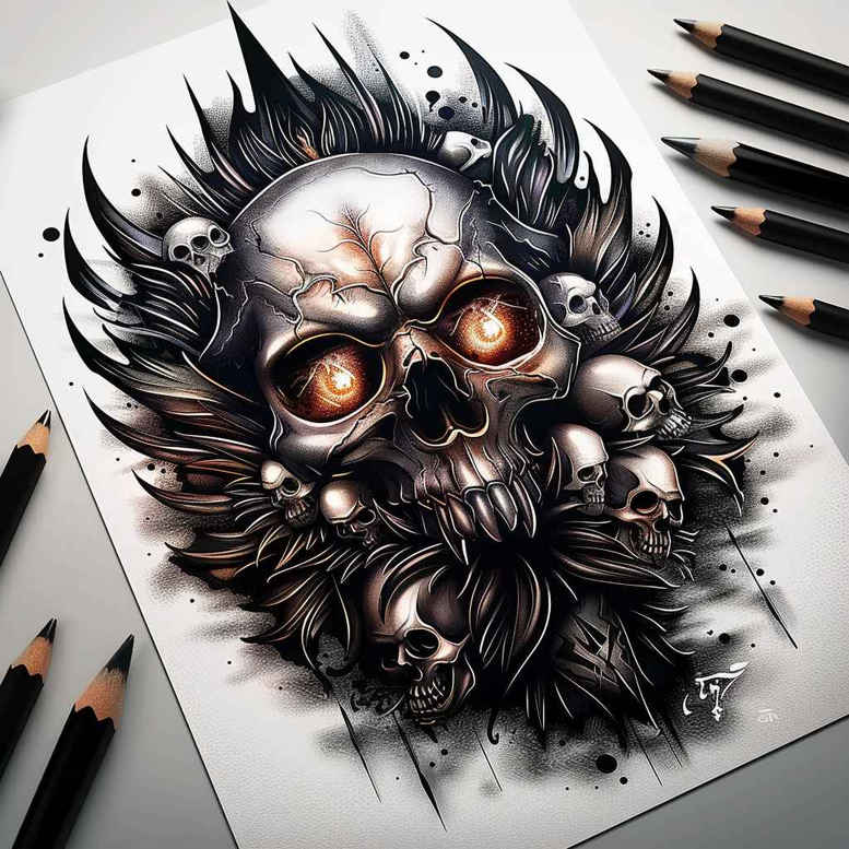 feather-skull-tattoo – tattoo design ideas free ai generated – dark – for-back-of-neck – Gallery: skulls-inkby-ai