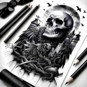 feather-skull-tattoo – tattoo design ideas free ai generated – faded – for-biceps – Gallery: skulls-inkby-ai