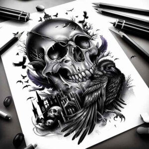 feather-skull-tattoo – tattoo design ideas free ai generated – night-terror – for-outer-arm – Gallery: skulls-inkby-ai