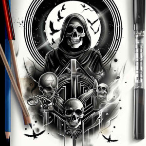fine-line-skull-tattoo – tattoo design ideas free ai generated – abyss – for-sternum – Gallery: skulls-inkby-ai