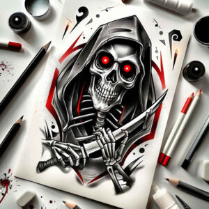 geometric-skull-tattoo – tattoo design ideas free ai generated – chilling – for-elbow – Gallery: skulls-inkby-ai