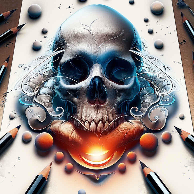 geometric-skull-tattoo – tattoo design ideas free ai generated – distorted – for-elbow – Gallery: skulls-inkby-ai