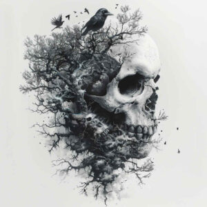 light-effect-skull-tattoo – tattoo design ideas free ai generated – spectral – for-lower-chest – Gallery: skulls-inkby-ai