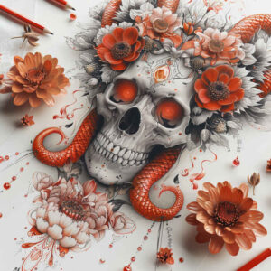 magic-motif-skull-tattoo – tattoo design ideas free ai generated – distorted – for-foot – Gallery: skulls-inkby-ai