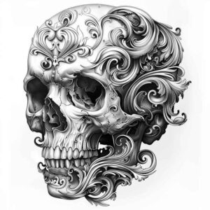 magic-motif-skull-tattoo – tattoo design ideas free ai generated – haunted-house – for-full-back – Gallery: skulls-inkby-ai
