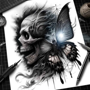 motif-skull-tattoo – tattoo design ideas free ai generated – faded-memory – for-full-back – Gallery: skulls-inkby-ai