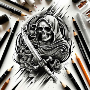 mystery-motif-skull-tattoo – tattoo design ideas free ai generated – evil-grin – for-toe – Gallery: skulls-inkby-ai