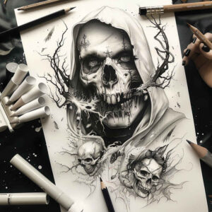 nature-motif-skull-tattoo – tattoo design ideas free ai generated – creeping-shadow – for-upper-thigh – Gallery: skulls-inkby-ai