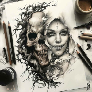 nature-motif-skull-tattoo – tattoo design ideas free ai generated – grimace – for-inner-arm – Gallery: skulls-inkby-ai