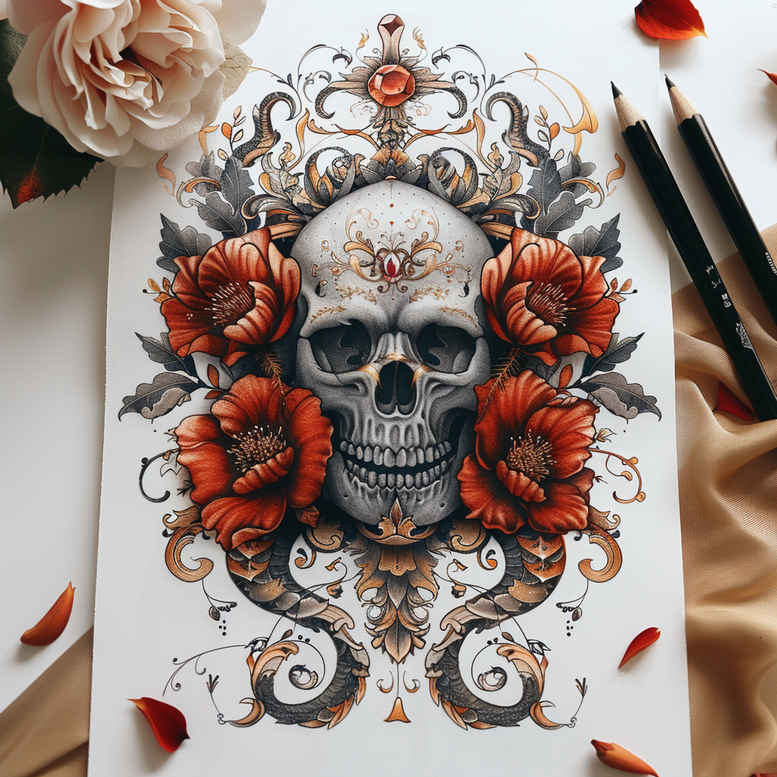 organic-line-skull-tattoo – tattoo design ideas free ai generated – decaying – for-forearm – Gallery: skulls-inkby-ai