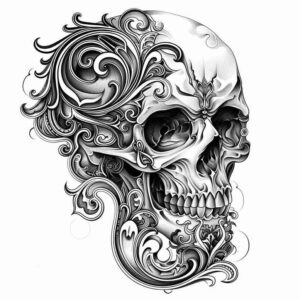 ornament-skull-tattoo – tattoo design ideas free ai generated – grimace – for-sternum – Gallery: skulls-inkby-ai
