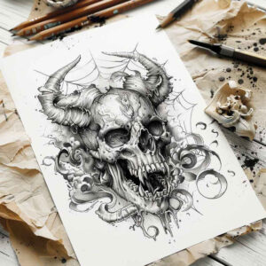 ornamental-detail-skull-tattoo – tattoo design ideas free ai generated – night-terror – for-shin – Gallery: skulls-inkby-ai