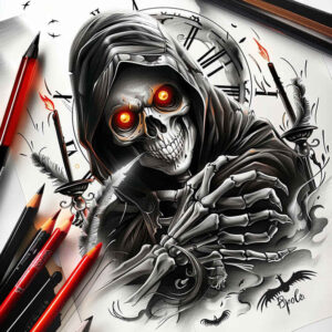 ornamental-skull-tattoo – tattoo design ideas free ai generated – haunting – for-thigh – Gallery: skulls-inkby-ai