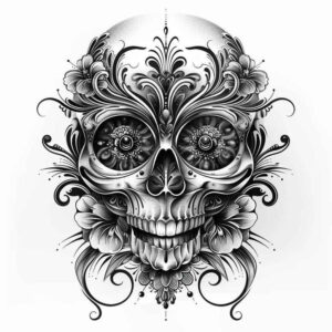 protection-symbol-skull-tattoo – tattoo design ideas free ai generated – distorted – for-upper-back – Gallery: skulls-inkby-ai