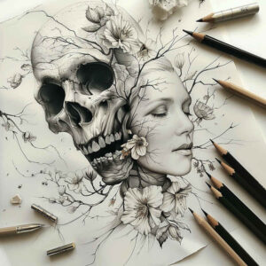 realistic-skull-tattoo – tattoo design ideas free ai generated – grotesque – for-thigh – Gallery: skulls-inkby-ai