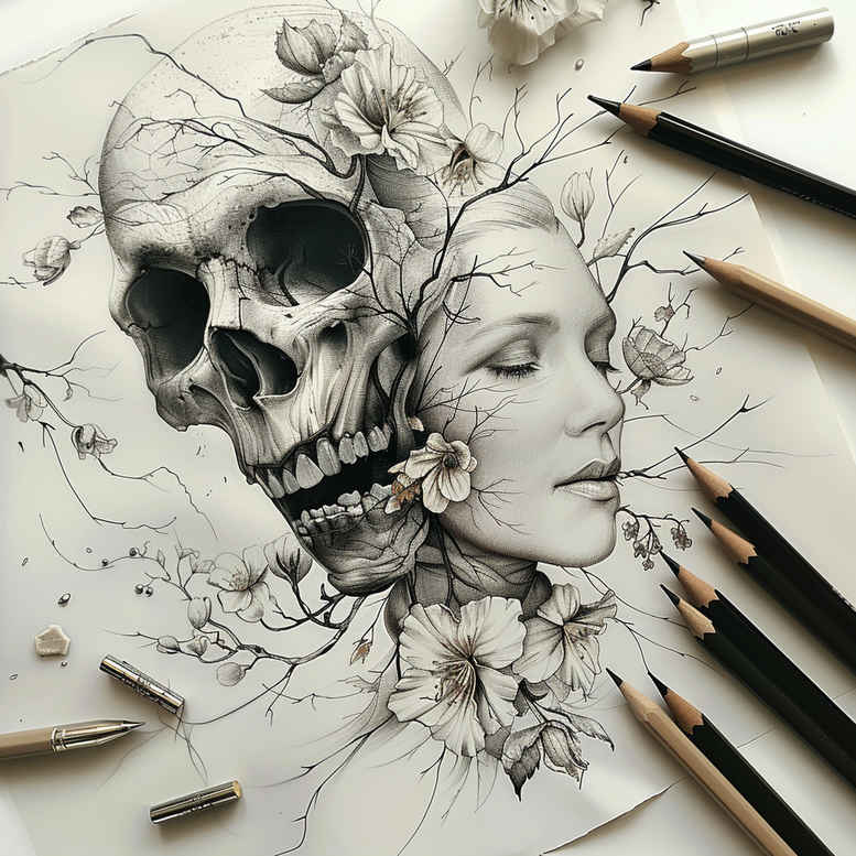 realistic-skull-tattoo – tattoo design ideas free ai generated – grotesque – for-thigh – Gallery: skulls-inkby-ai
