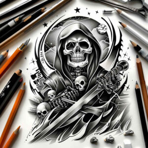 rebirth-motif-skull-tattoo – tattoo design ideas free ai generated – gloomy – for-biceps – Gallery: skulls-inkby-ai