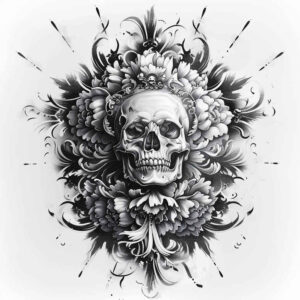rebirth-motif-skull-tattoo – tattoo design ideas free ai generated – haunted-house – for-biceps – Gallery: skulls-inkby-ai
