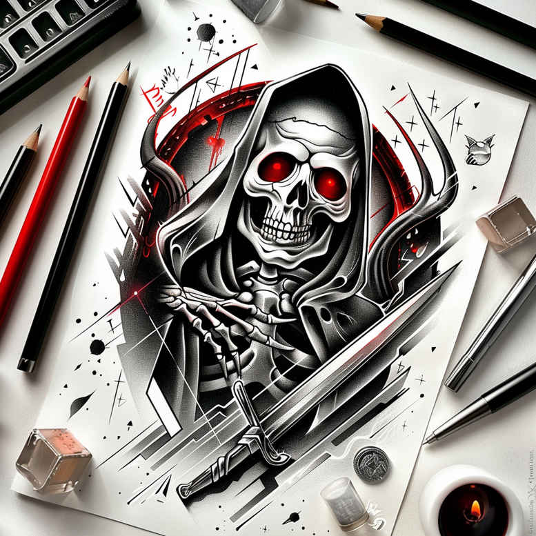 shaded-skull-tattoo – tattoo design ideas free ai generated – haunted-house – for-collarbone – Gallery: skulls-inkby-ai