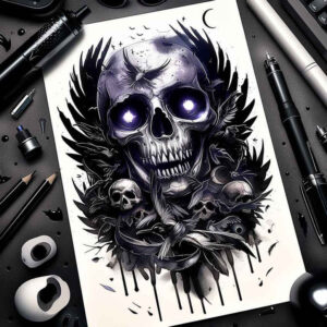 shaded-skull-tattoo – tattoo design ideas free ai generated – strange-laughter – for-shoulder-blade – Gallery: skulls-inkby-ai