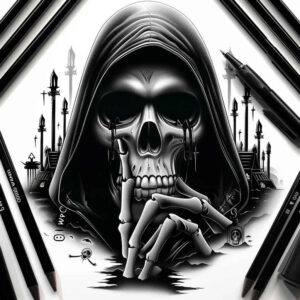 shadow-and-light-skull-tattoo – tattoo design ideas free ai generated – dripping – for-side – Gallery: skulls-inkby-ai