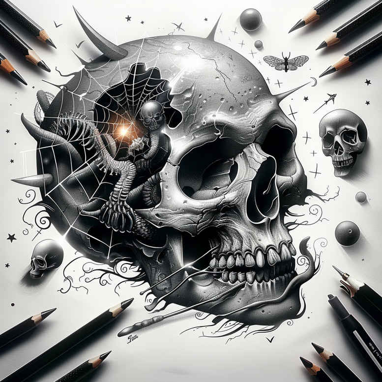 shadow-and-light-skull-tattoo – tattoo design ideas free ai generated – faded – for-behind-ear – Gallery: skulls-inkby-ai