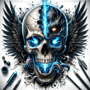 shadow-and-light-skull-tattoo – tattoo design ideas free ai generated – haunting – for-lower-leg – Gallery: skulls-inkby-ai