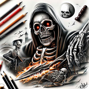 surreal-effect-skull-tattoo-for-men – tattoo design ideas free ai generated – chilling – for-behind-ear – Gallery: skulls-inkby-ai