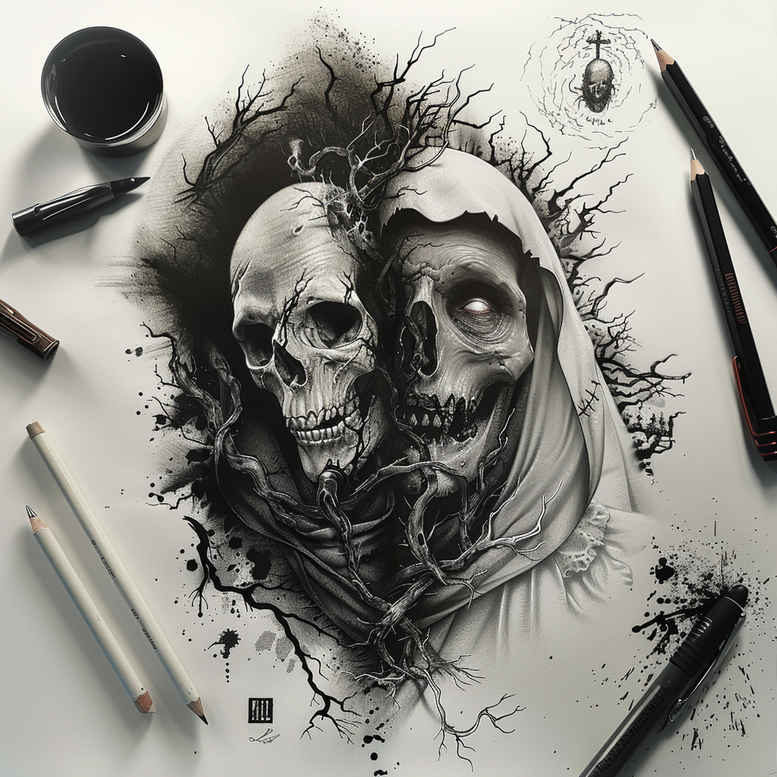 symbolic-meaning-skull-tattoo – tattoo design ideas free ai generated – chilling – for-lower-chest – Gallery: skulls-inkby-ai