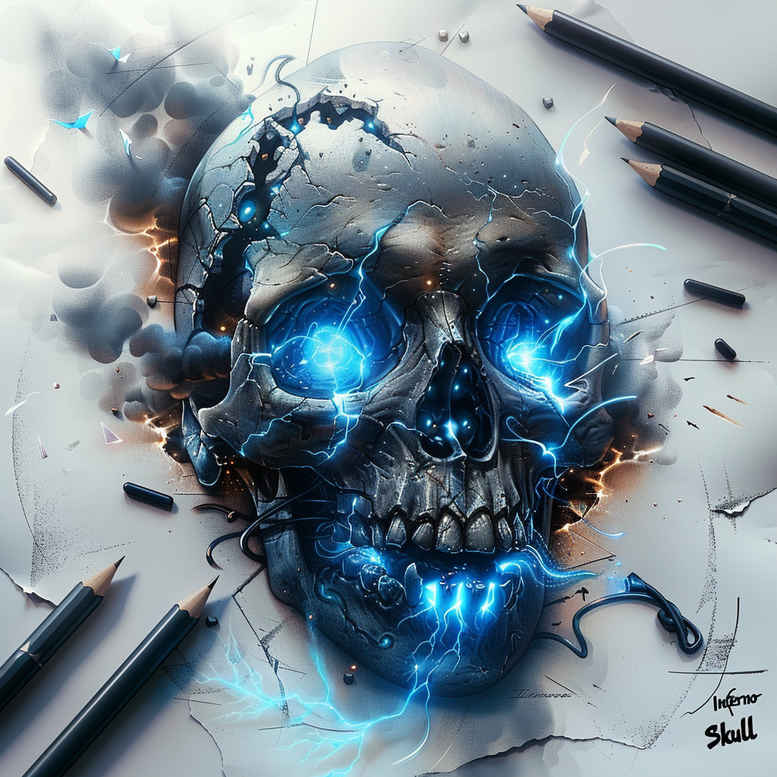 Skull, pens, blue glow; black and grey cover-up tattoo project idea.
