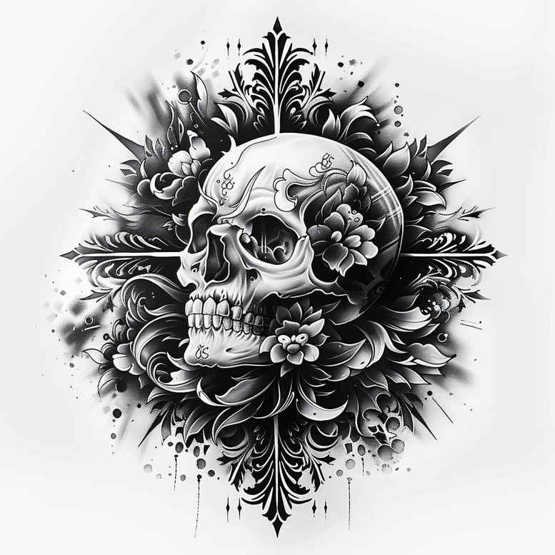 Skull with roses, leaves, and ornate filigree in black and grey; a cover-up ready tattoo design concept.