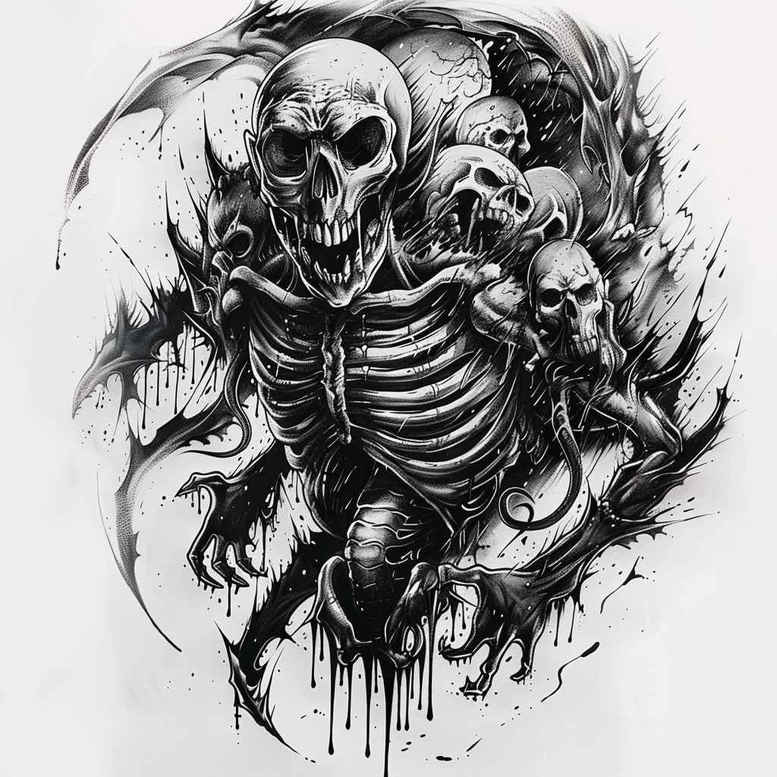 Skeleton, skull, circle, drips, shadow in black and grey ink; AI-generated tattoo project; ideal for a cover-up.
