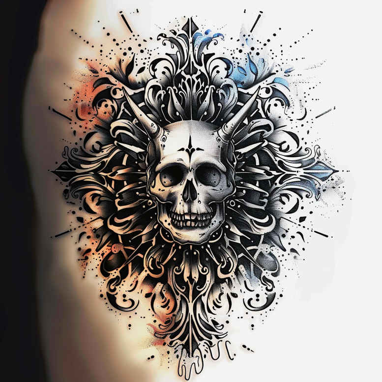 Skull with ornamental filigree in black and grey, tattoo design concept for cover-up project.