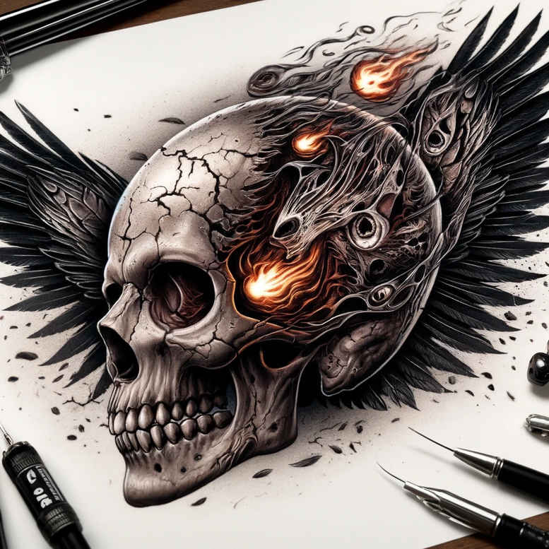 Skull with black wings and dragon crest; black and grey, AI-generated tattoo project, ideal for a cover-up.