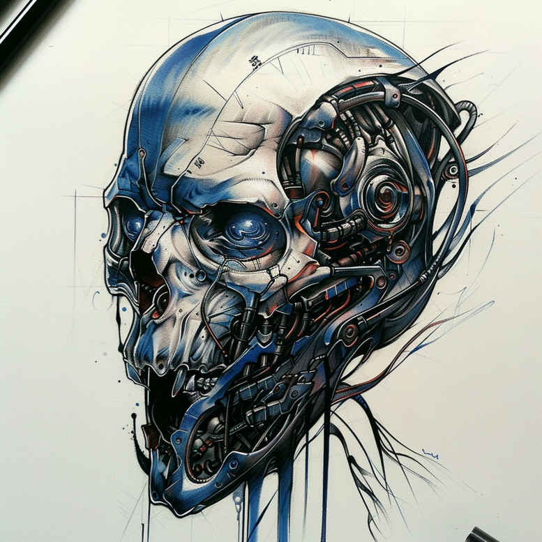 Skull with biomechanical gears and wires in blue and black tones; black and grey tattoo project, suitable for cover-up.