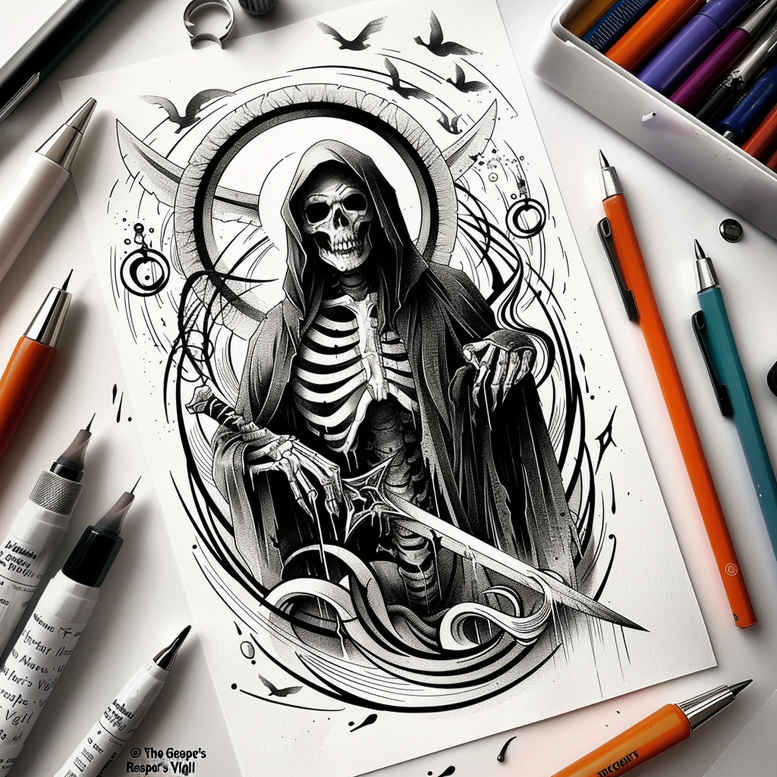 Black and grey Grim Reaper skeleton inside a circular ornate frame with a scythe, birds in flight; pencil-sketch style; tattoo design idea suitable for cover-up.