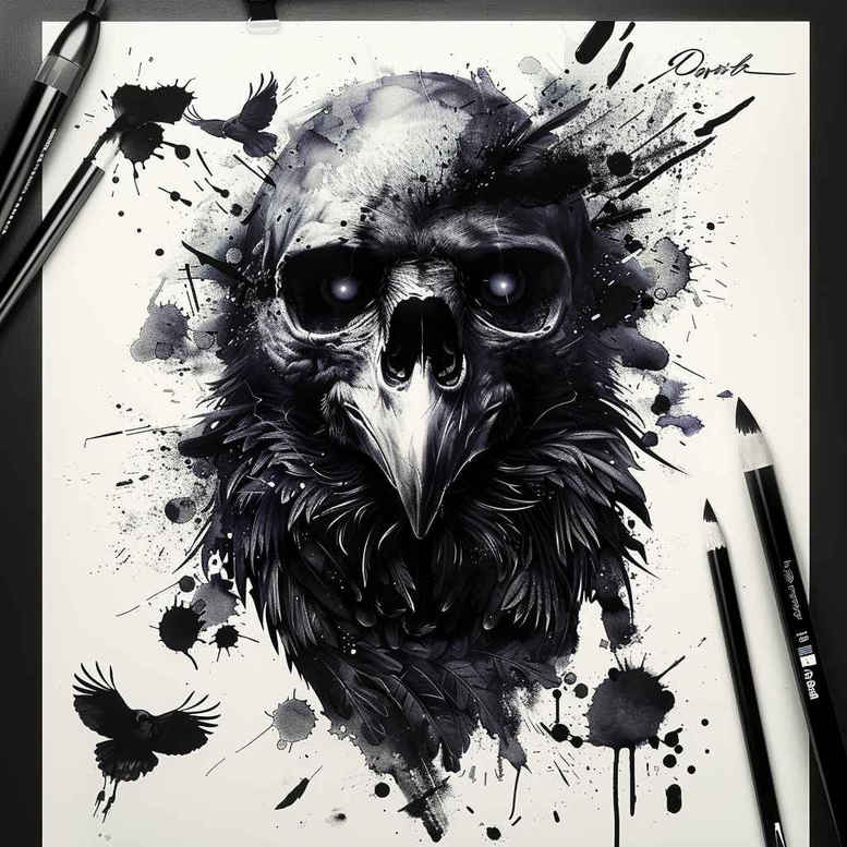 Raven head in black and grey ink with splashy background and butterfly accent; tattoo project for cover-up.