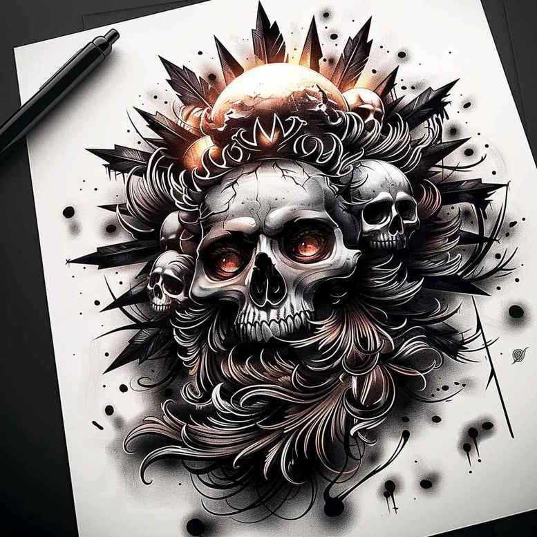 Skull with spiked crown and floral pattern, pencil sketch on paper in black and grey with red eyes; AI-generated tattoo project; suitable for cover-up.