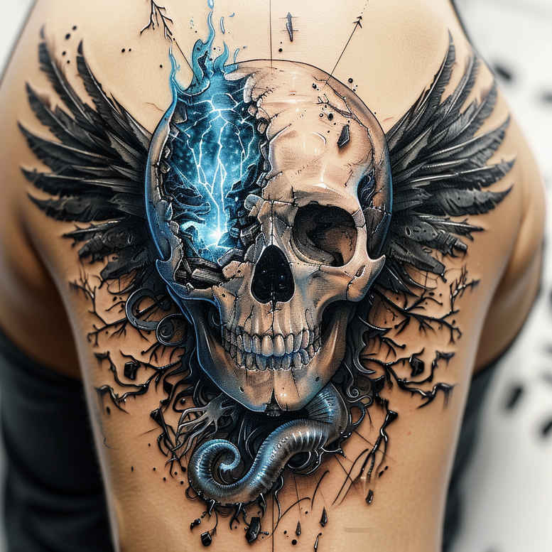 Skull with wings and a blue dragon in black and grey shading; a cover-up ready tattoo project.