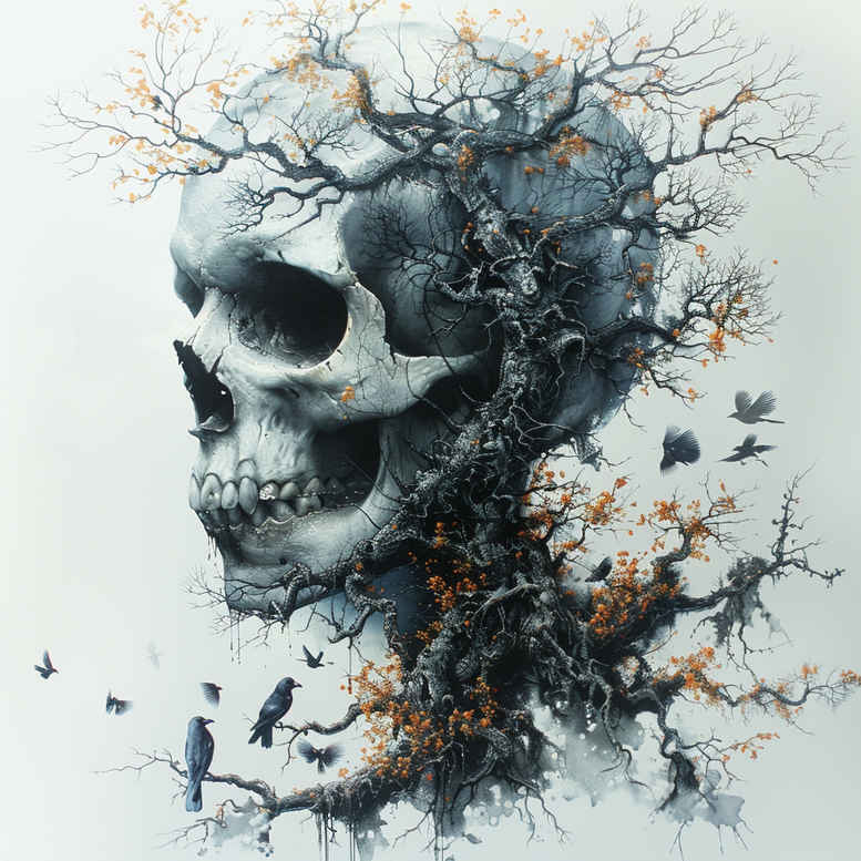 Skull formed by dark branches with birds in flight and orange leaves, rendered in black and grey; tattoo project idea, suitable for a cover-up.
