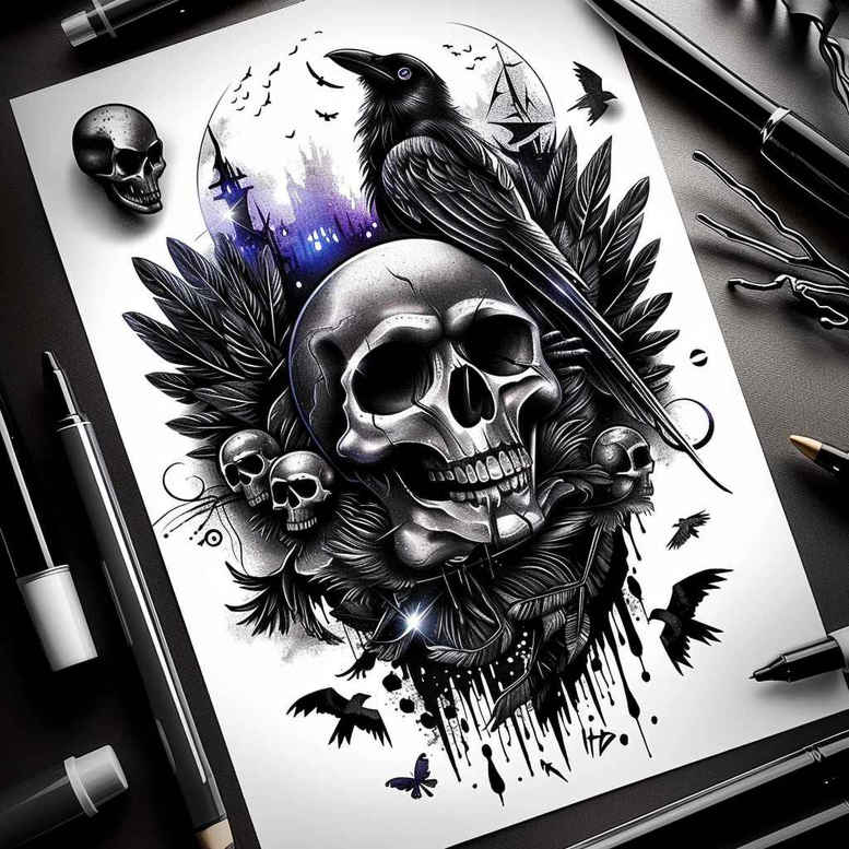 Skull, raven, flowers, and leaves in black and grey; cover-up tattoo project (AI-generated).