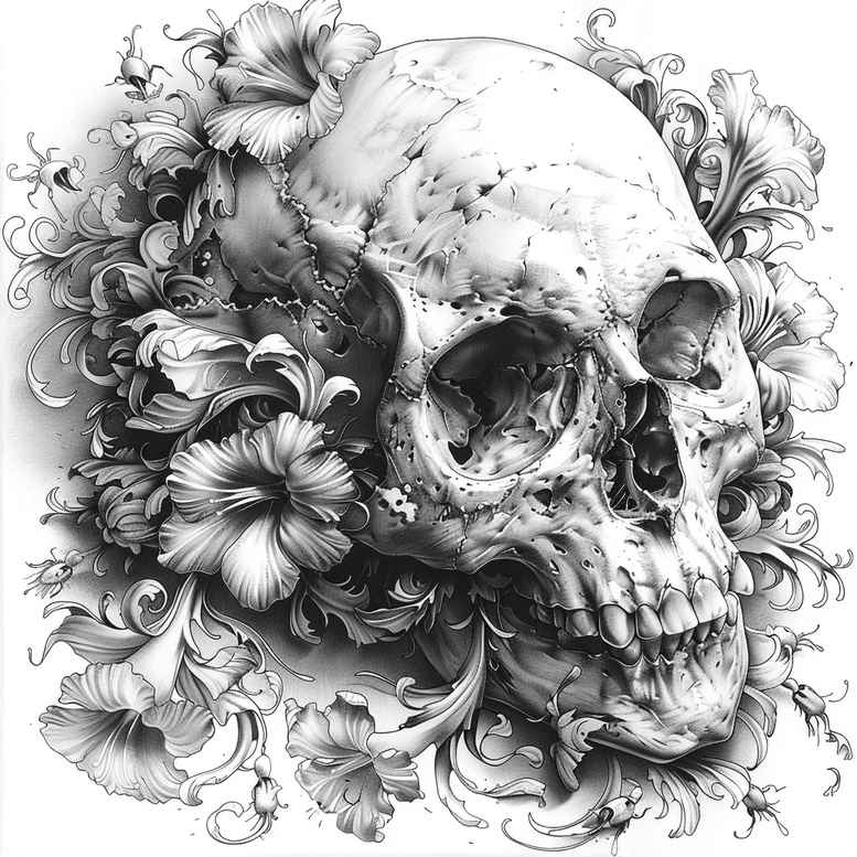 Skull and flowers in black and grey, a realistic tattoo design concept; cover-up-ready project.