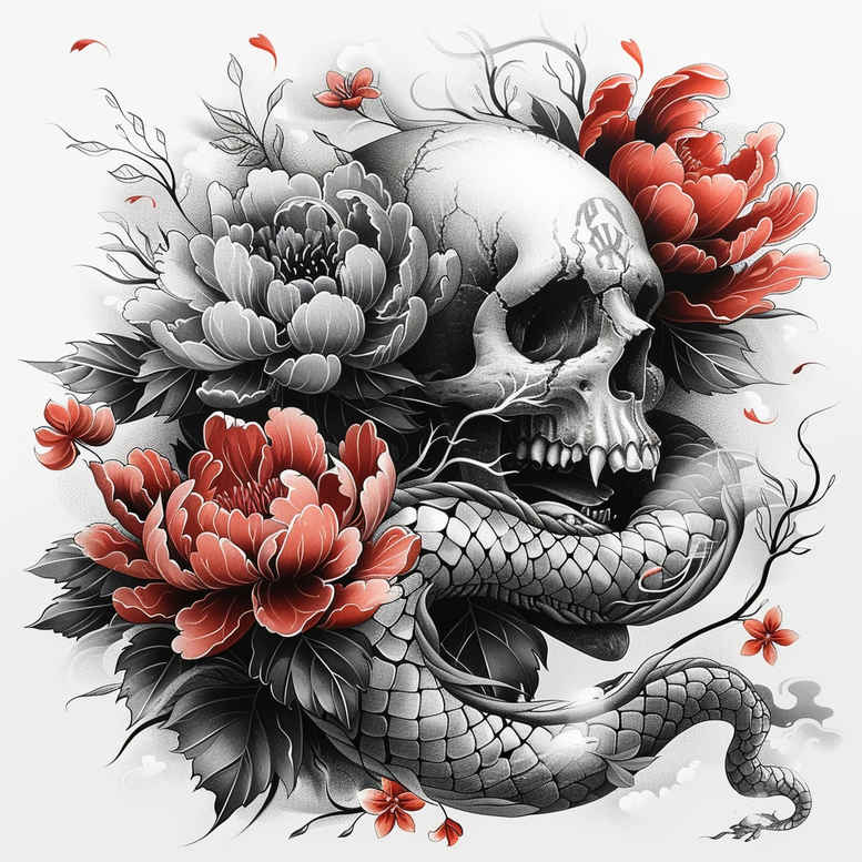 Skull with red peonies and a coiled snake in black and grey; AI-generated tattoo design idea, cover-up ready.