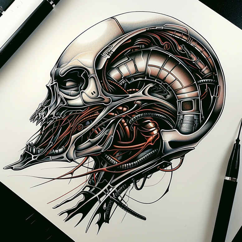 Skull with biomechanical gears and tubes in black and grey; tattoo idea for a cover-up project with patterning.