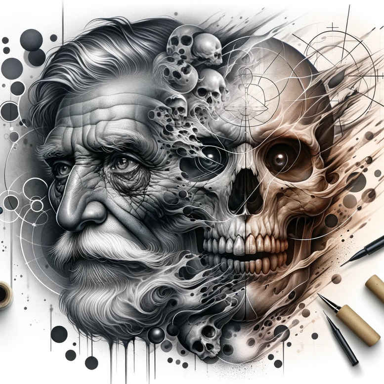 Black and grey tattoo design featuring old man portrait, skull, and bullets; cover-up-ready project.