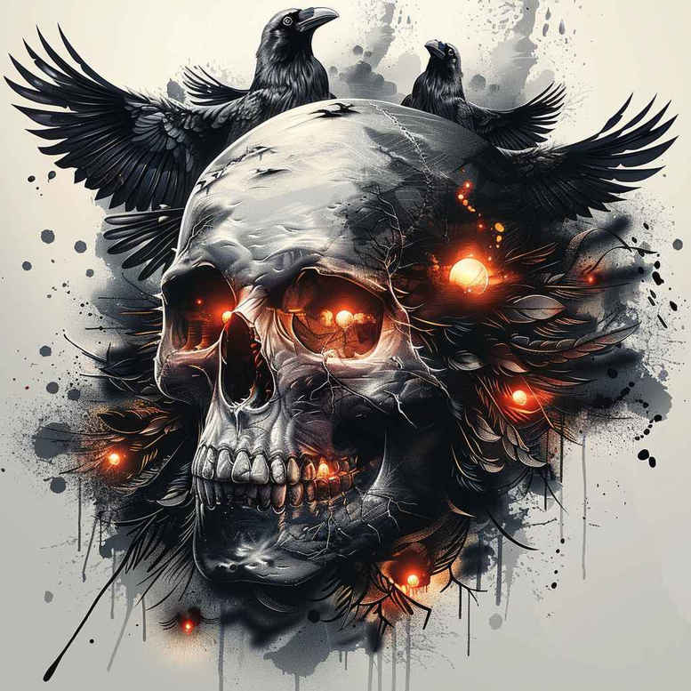 Skull with wings and fire in black and grey; AI-generated cover-up tattoo concept.
