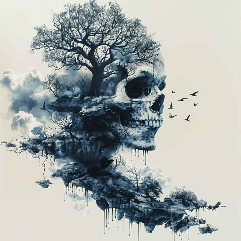 Blue and black watercolor skull intertwined with a tree and birds; cover-up friendly tattoo design, AI-generated project, black and grey shading.