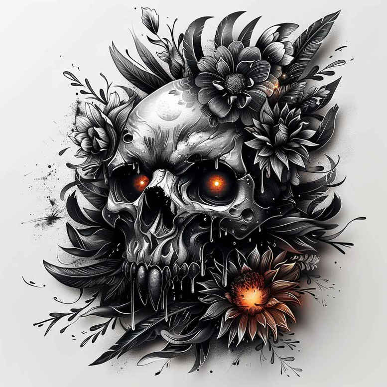 Skull with floral halo in black and grey, orange eyes and an orange flower, surrounded by leaves; tattoo design idea for cover-up.